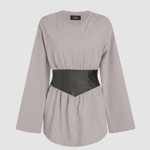 Gray Long Sleeve Top with Black Waist Detail